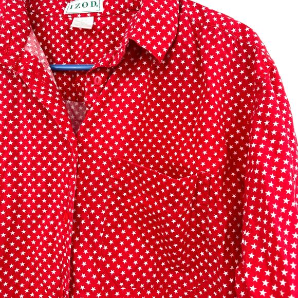 IZOD Size Medium Button Up Long Sleeve Red White Star Pattern Shirt 100% Cotton - Picture 3 of 4